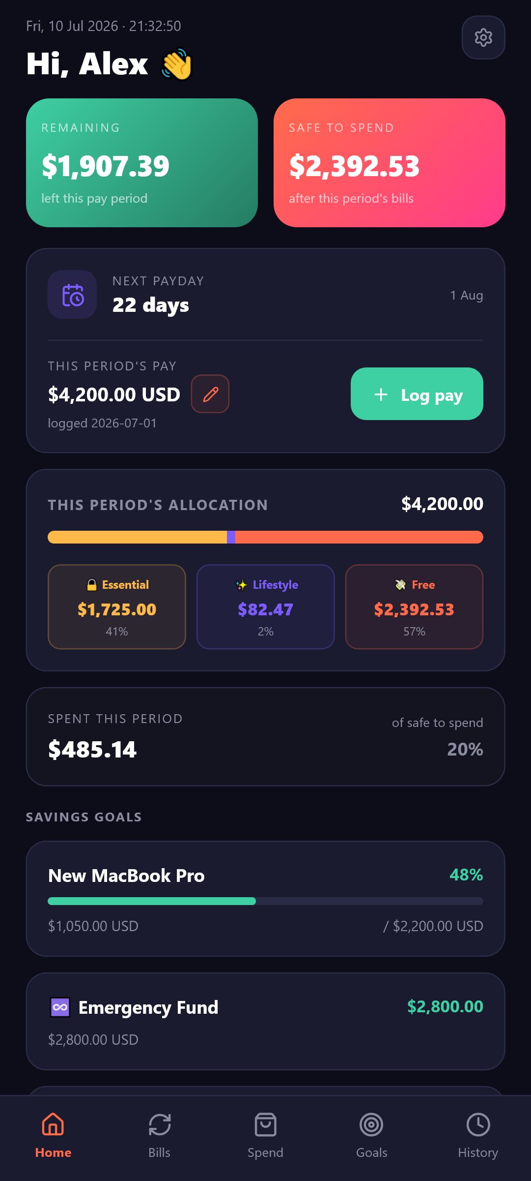 Bento app Home screen showing pay-cycle budget breakdown